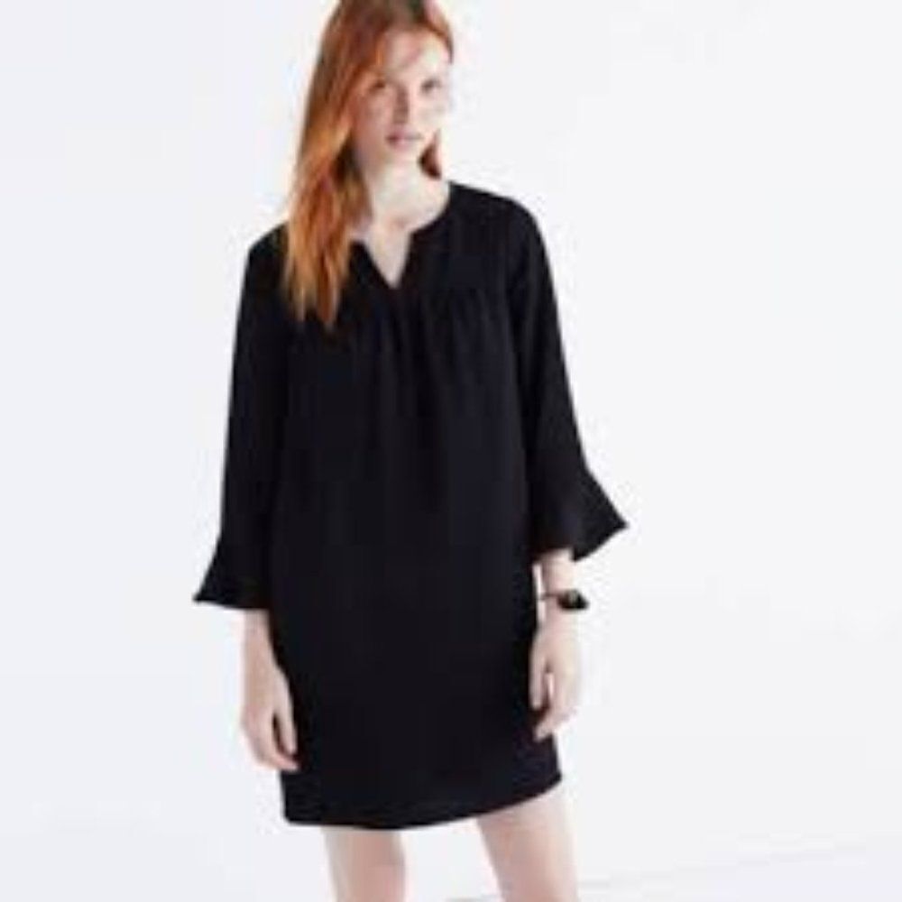 Madewell Black‎ Bell Sleeve Split Neck Shift Dress XS Relaxed Mini